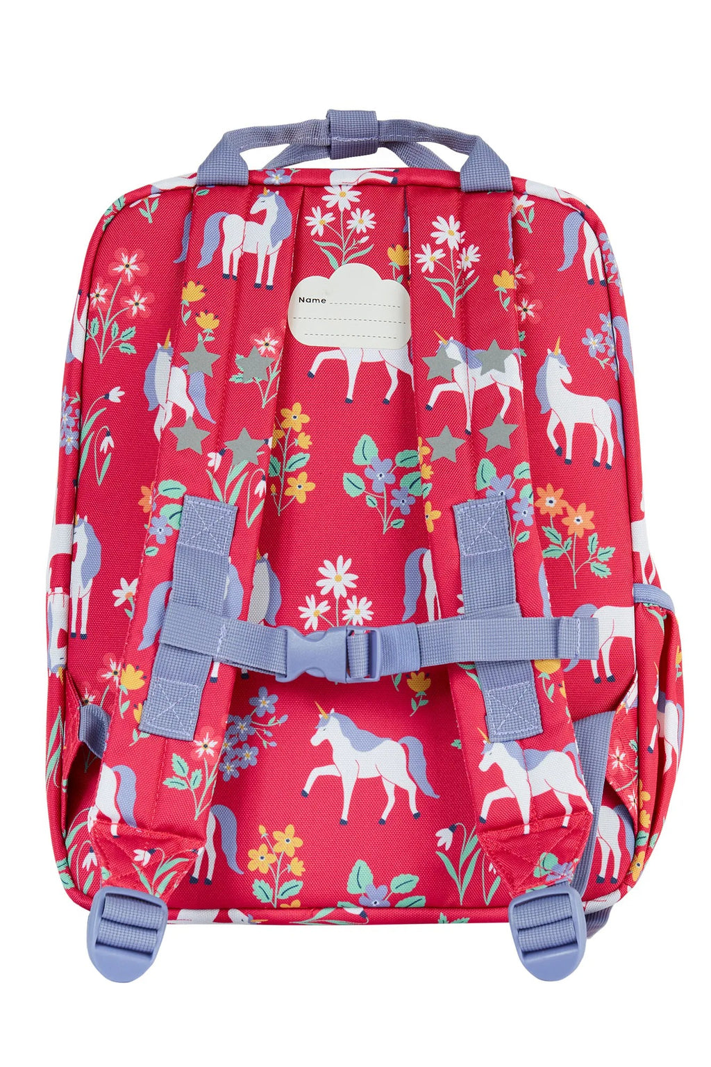 Red backpack with unicorn and floral pattern on a white background
