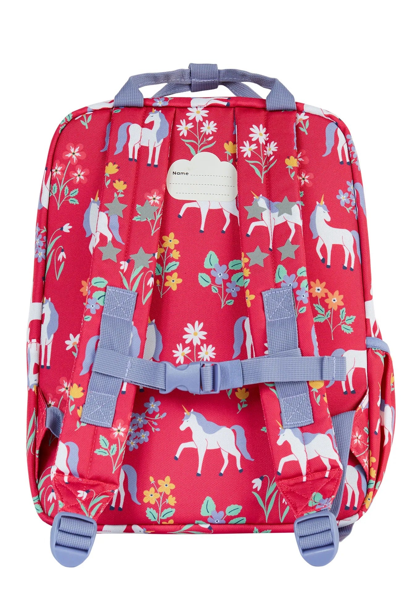 Red backpack with unicorn and floral pattern on a white background