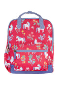 Backpack with unicorn and floral pattern on a red background