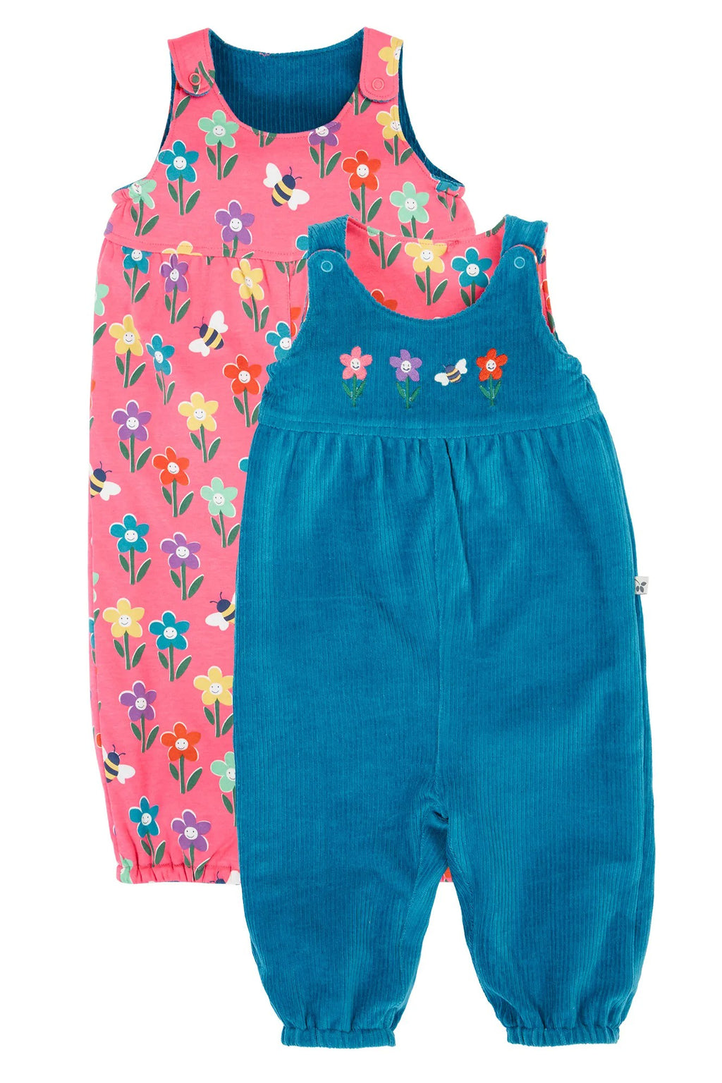 Two children's overalls, one pink with floral pattern and one blue, on a white background.