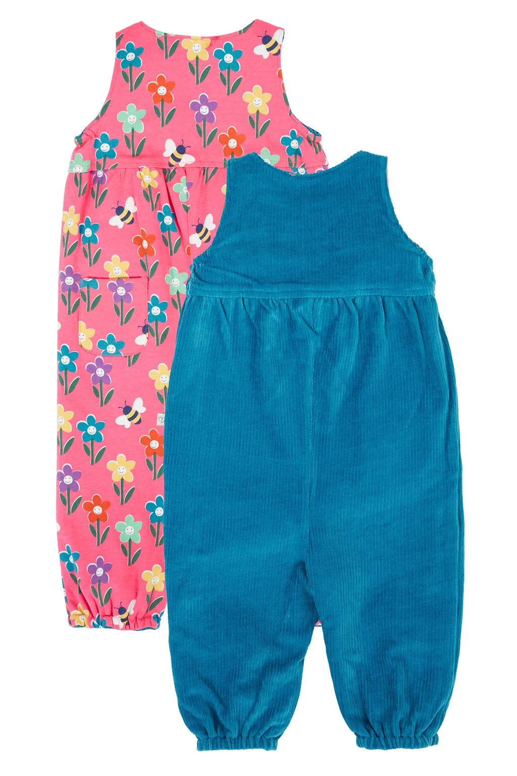 Two children's overalls, one pink with floral pattern and one blue, on a white background.