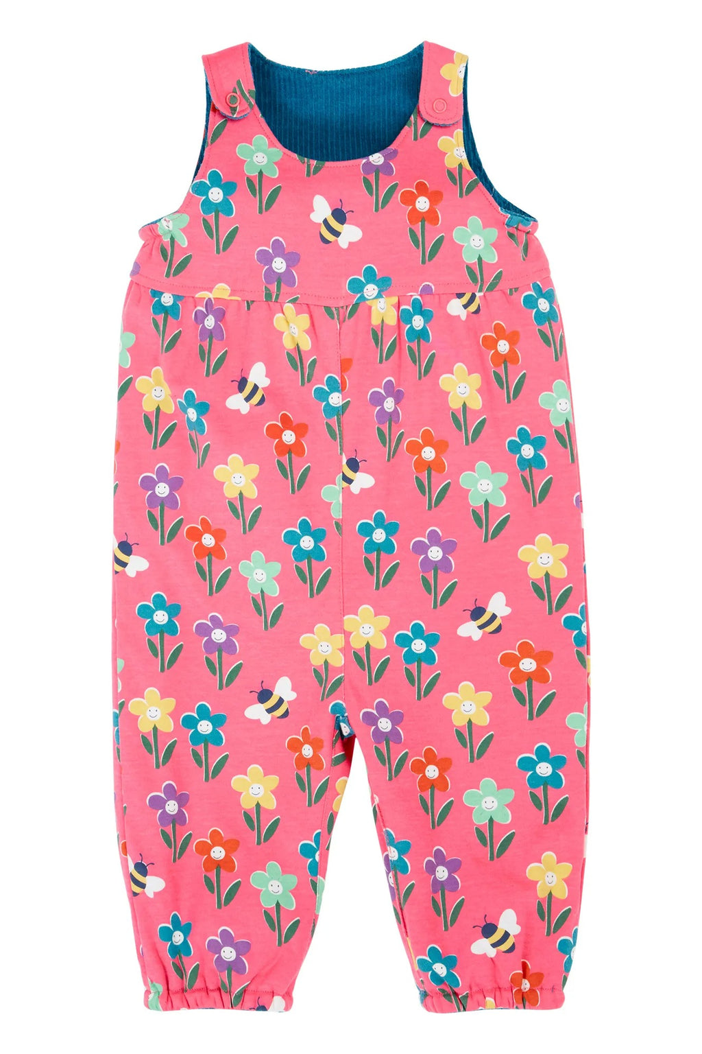Pink children's overalls with floral pattern on a white background