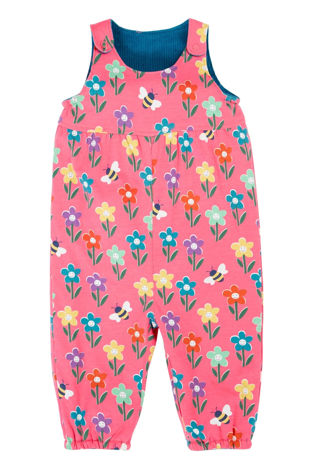 Pink children's overalls with floral pattern on a white background