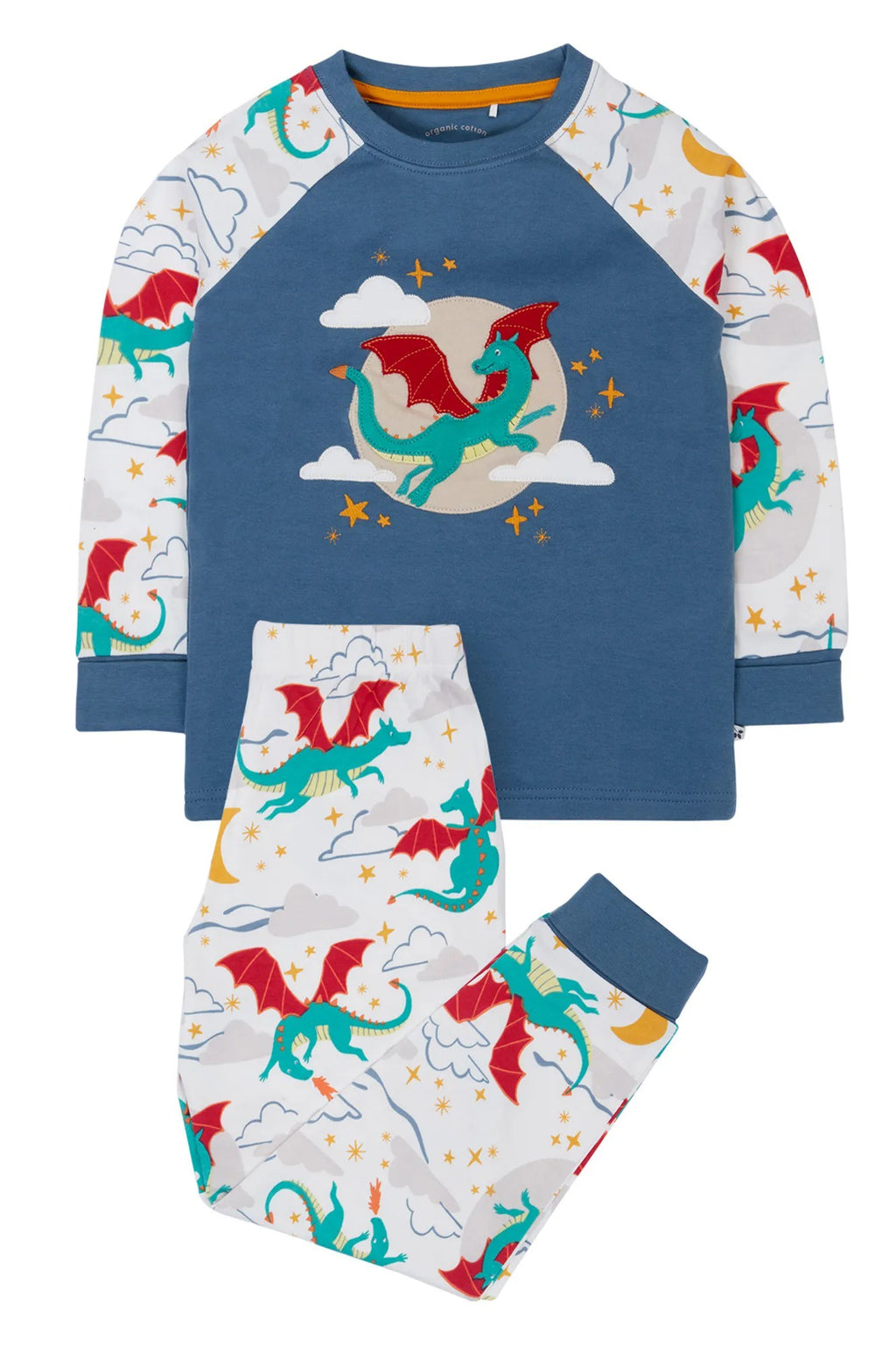 Children's pajama set with dragon design on a white background