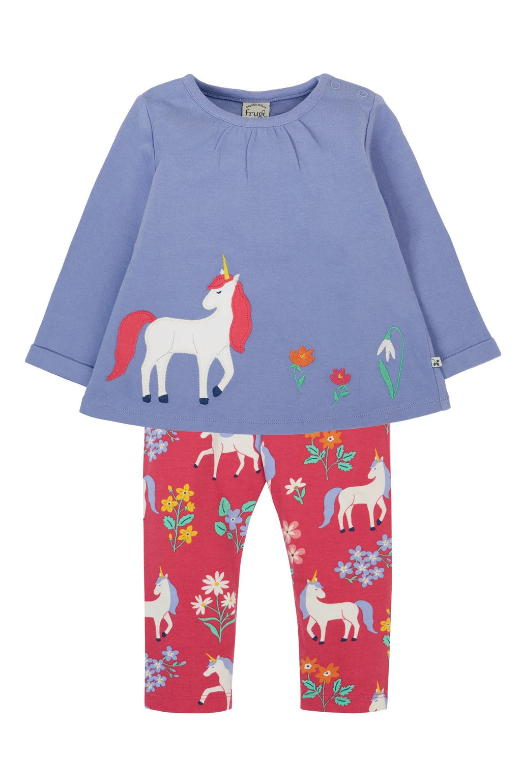 Children's outfit with blue top and red leggings featuring unicorn designs on a white background
