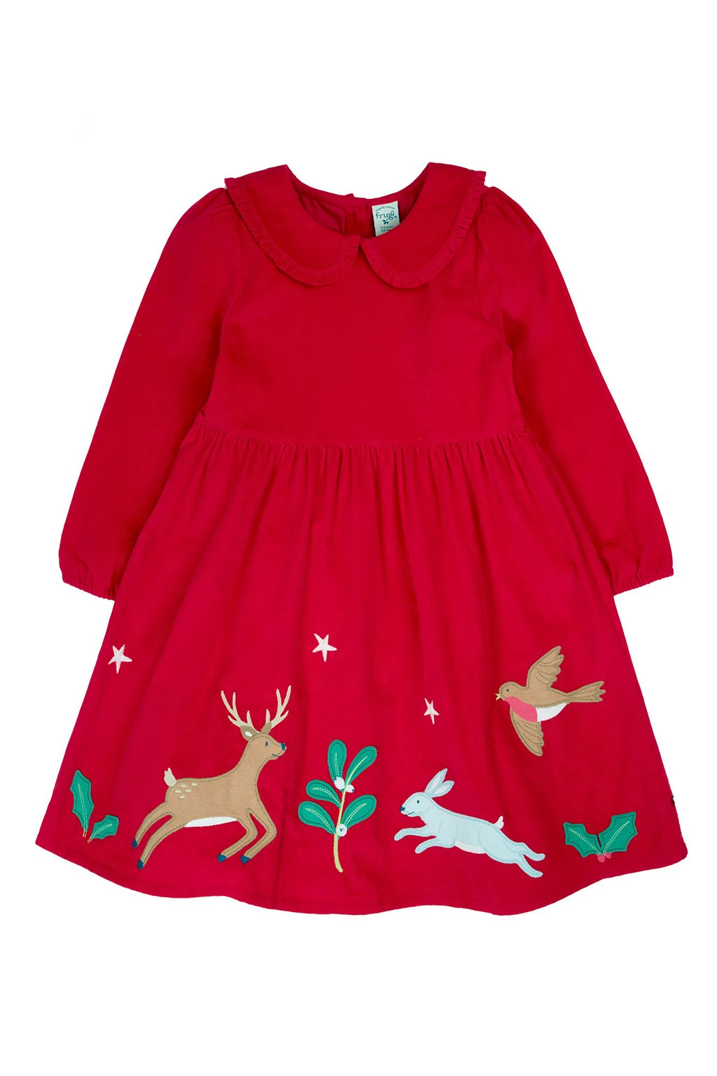 Red dress with animal appliqués on a white background