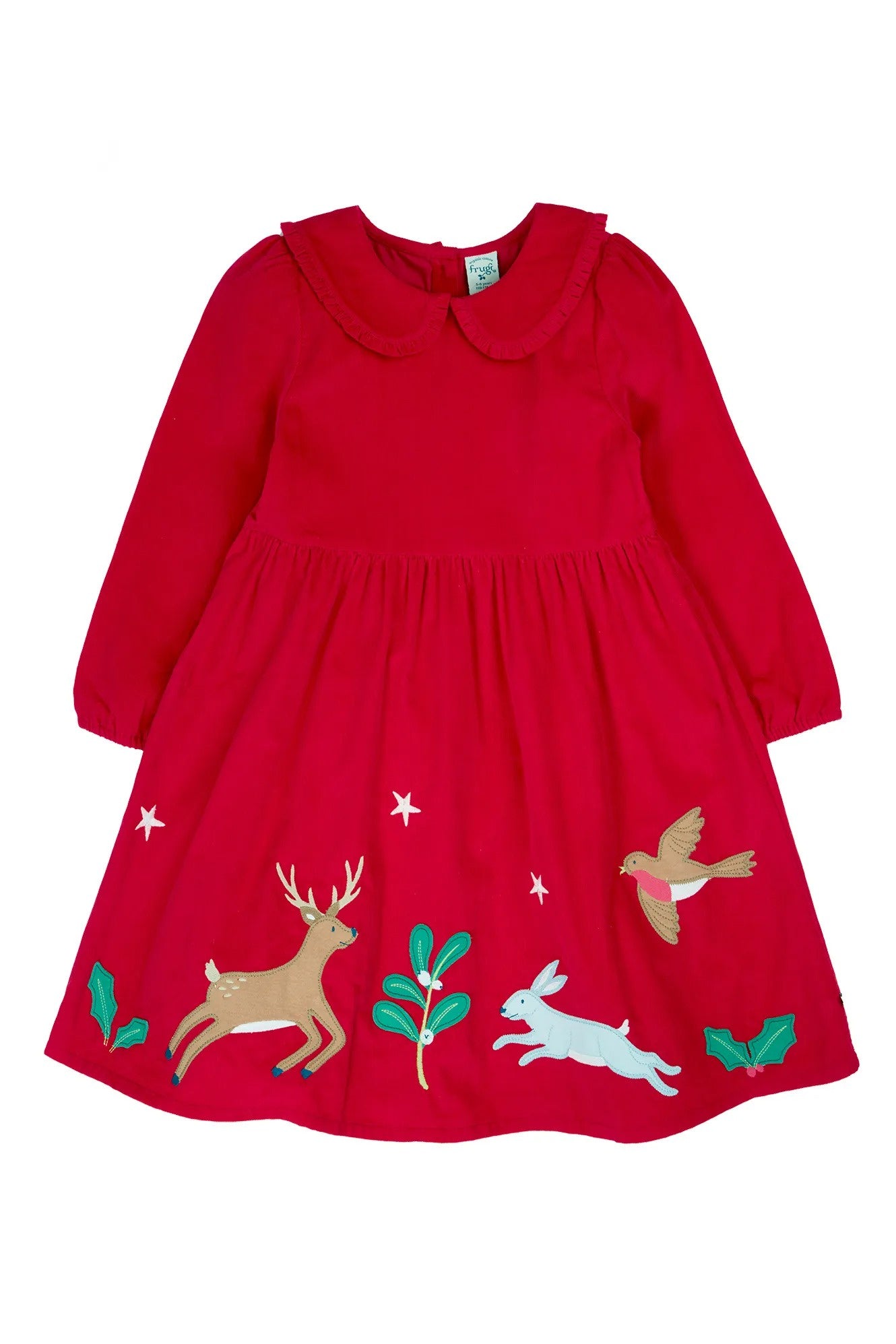 Red dress with animal appliqués on a white background