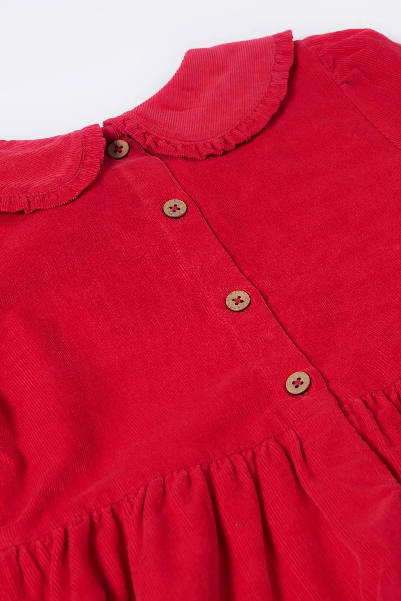 Close-up of a red dress with a collar and buttons on a white background