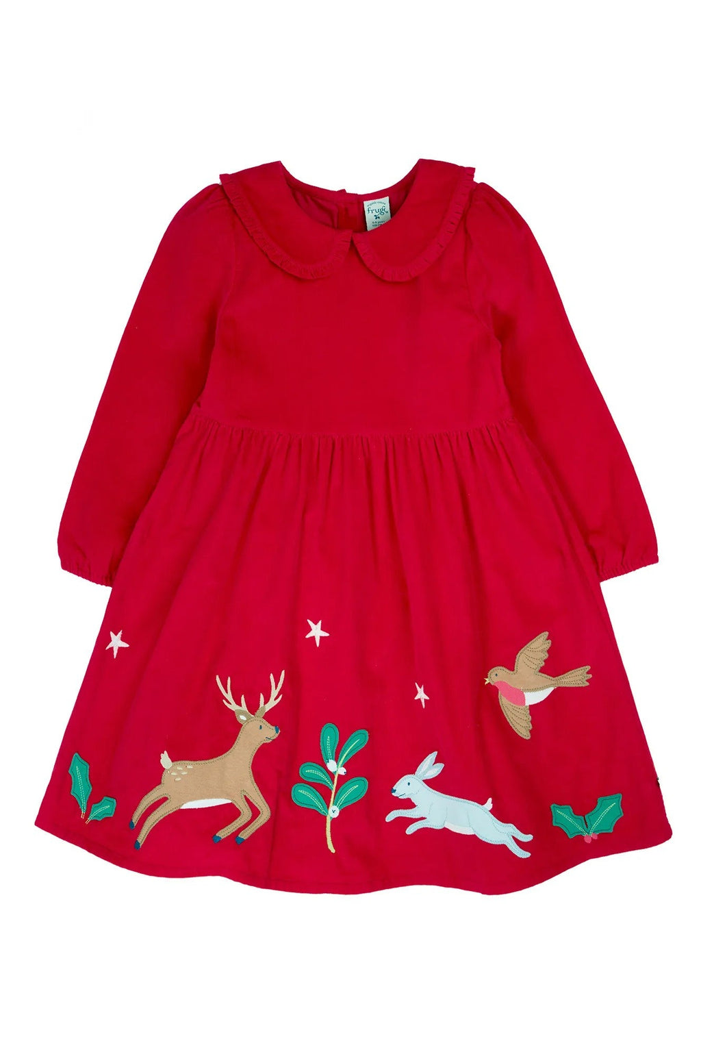 Red dress with animal appliqués on a white background