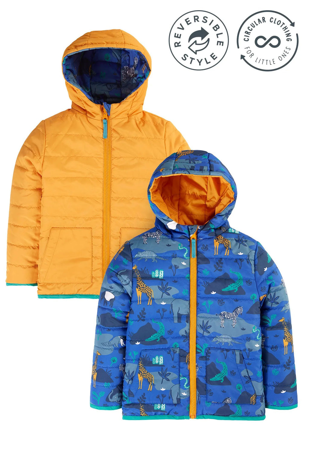 Two children's jackets, one orange and one blue with animal pattern, on a white background.