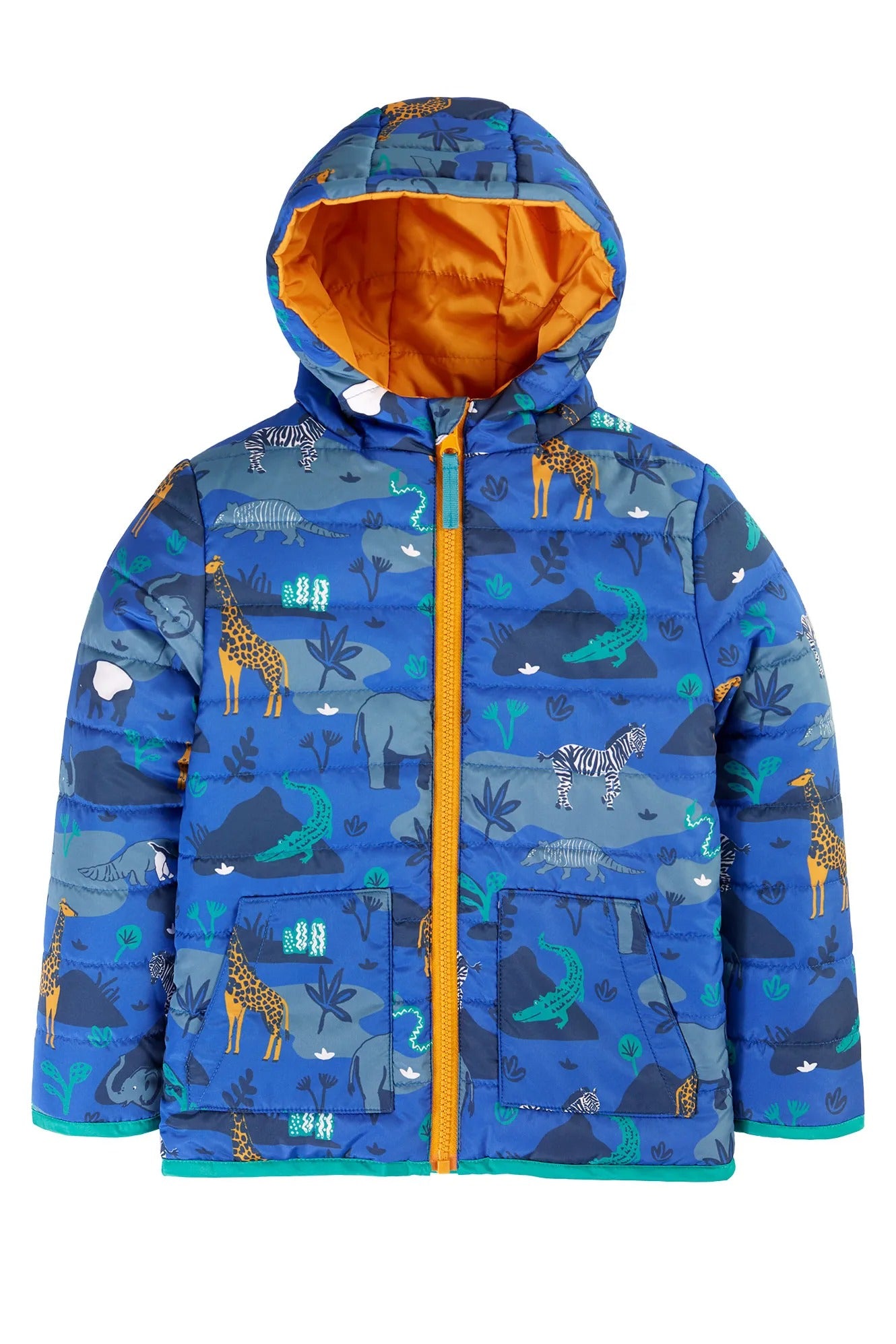 Children's blue jacket with animal pattern and orange interior on a white background
