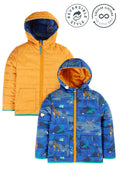Two children's jackets, one orange and one blue with animal pattern, on a white background.