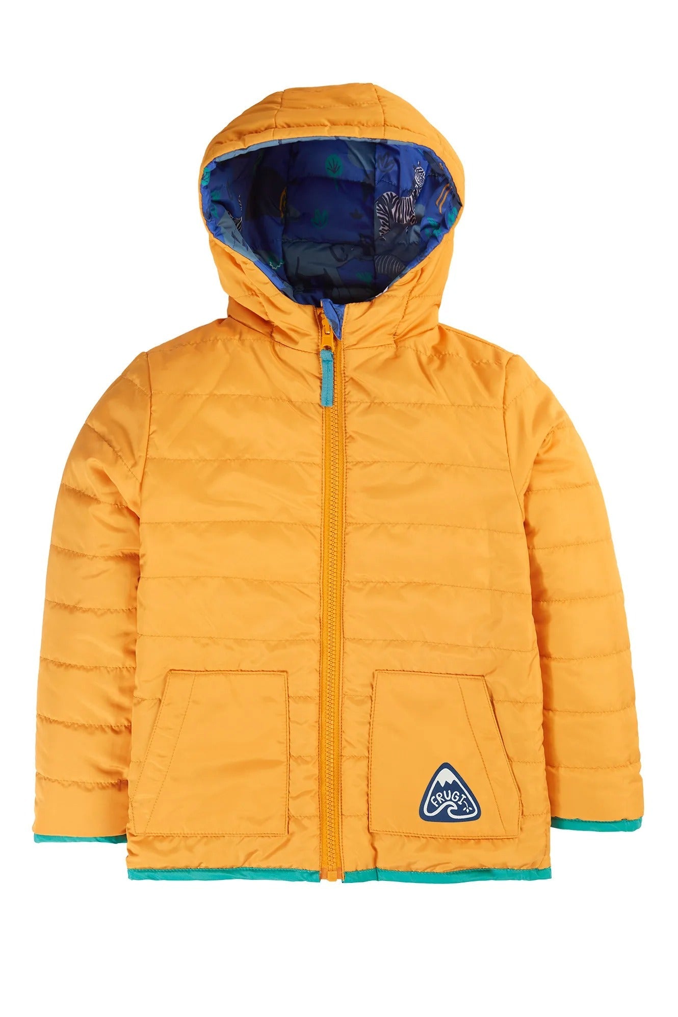 Orange children's jacket with blue lining on a white background