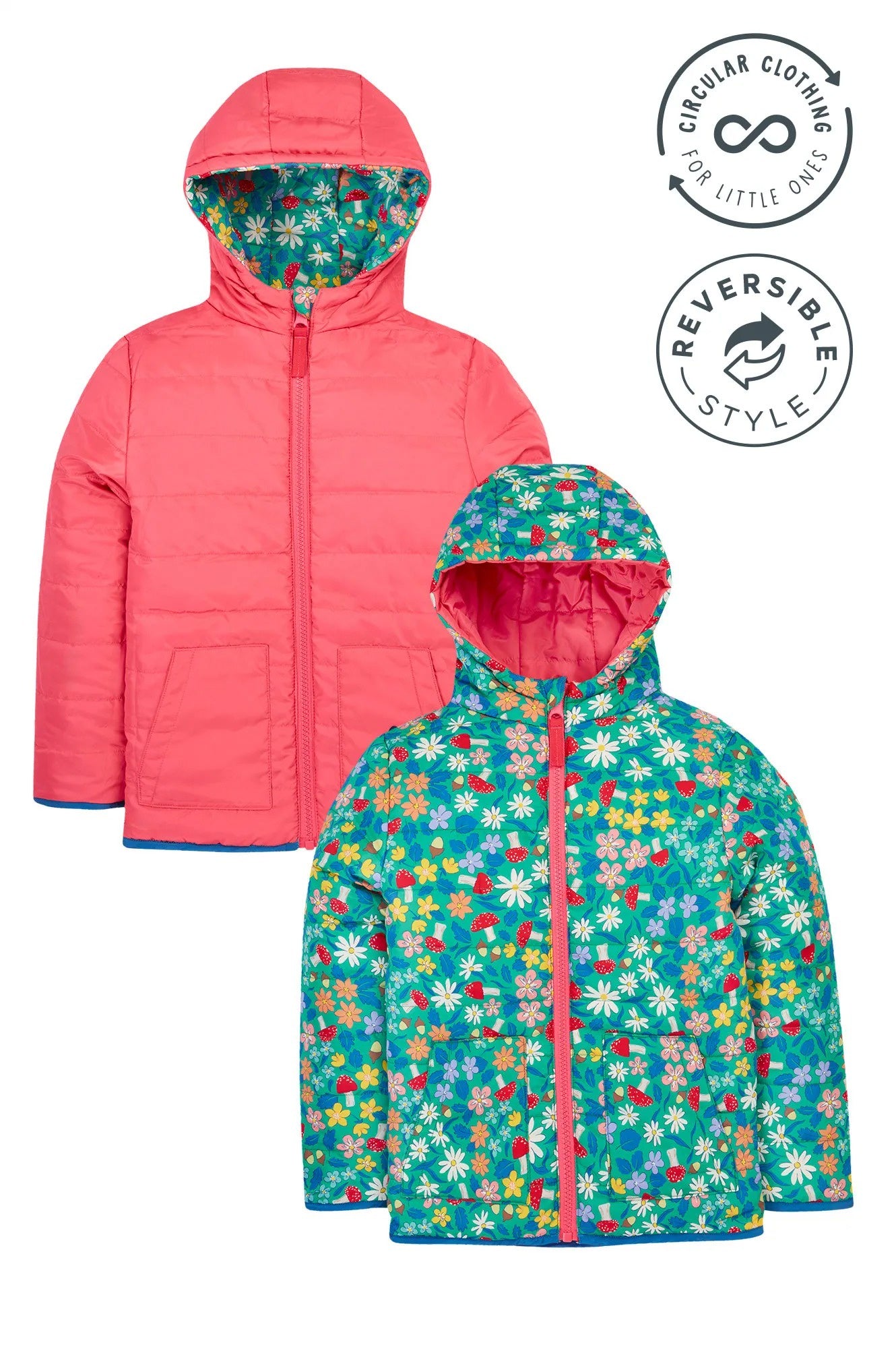 Two children's jackets, one pink and one floral, with reversible style label.