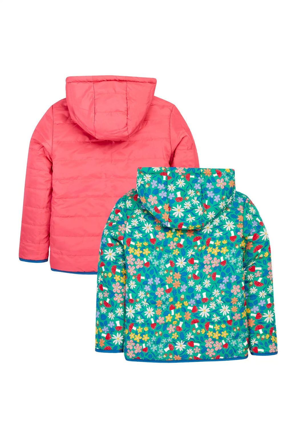 Two children's jackets, one pink and one with floral pattern, on a white background.
