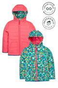 Two children's jackets, one pink and one floral, with reversible style label.