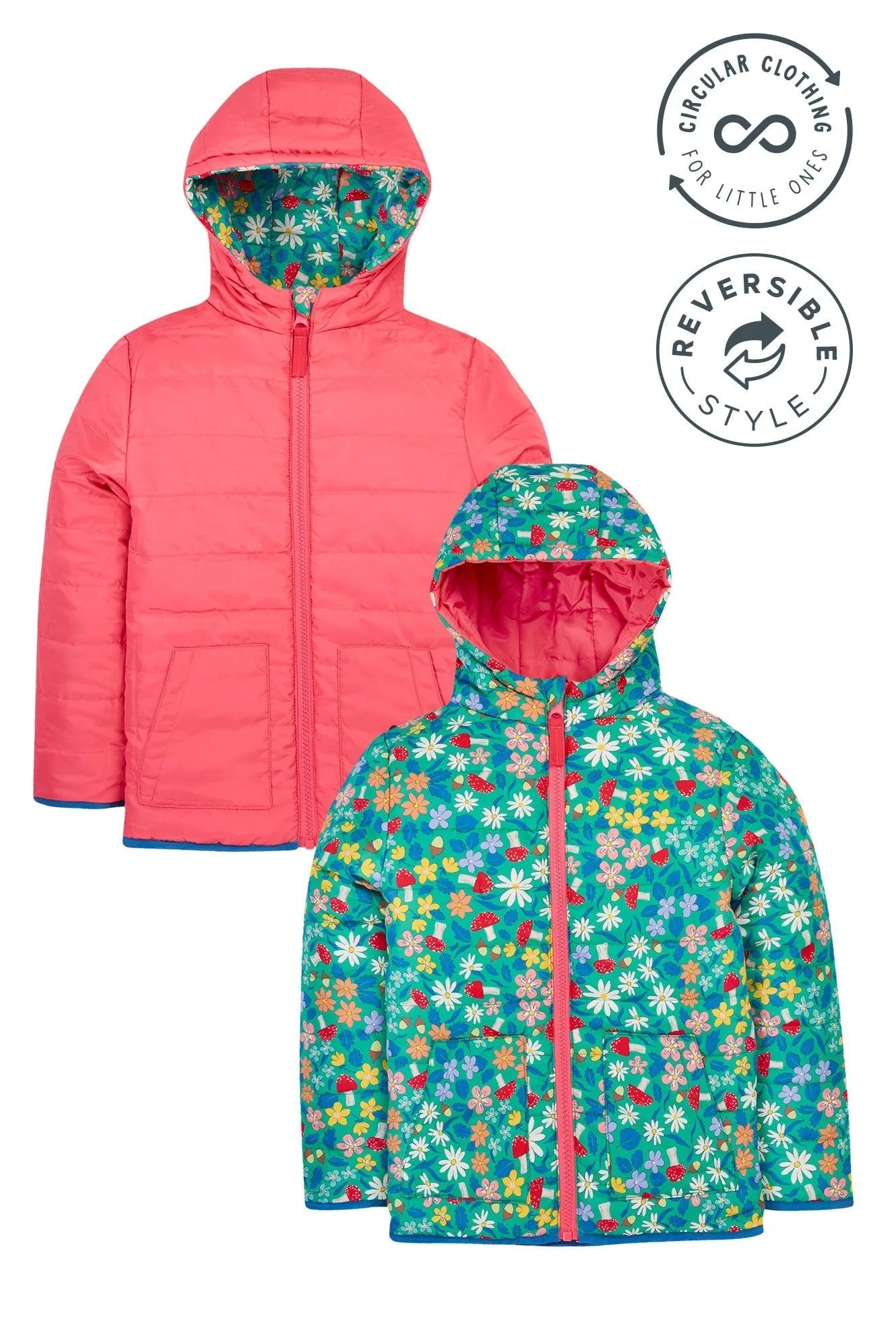 Two children's jackets, one pink and one floral, with reversible style label.