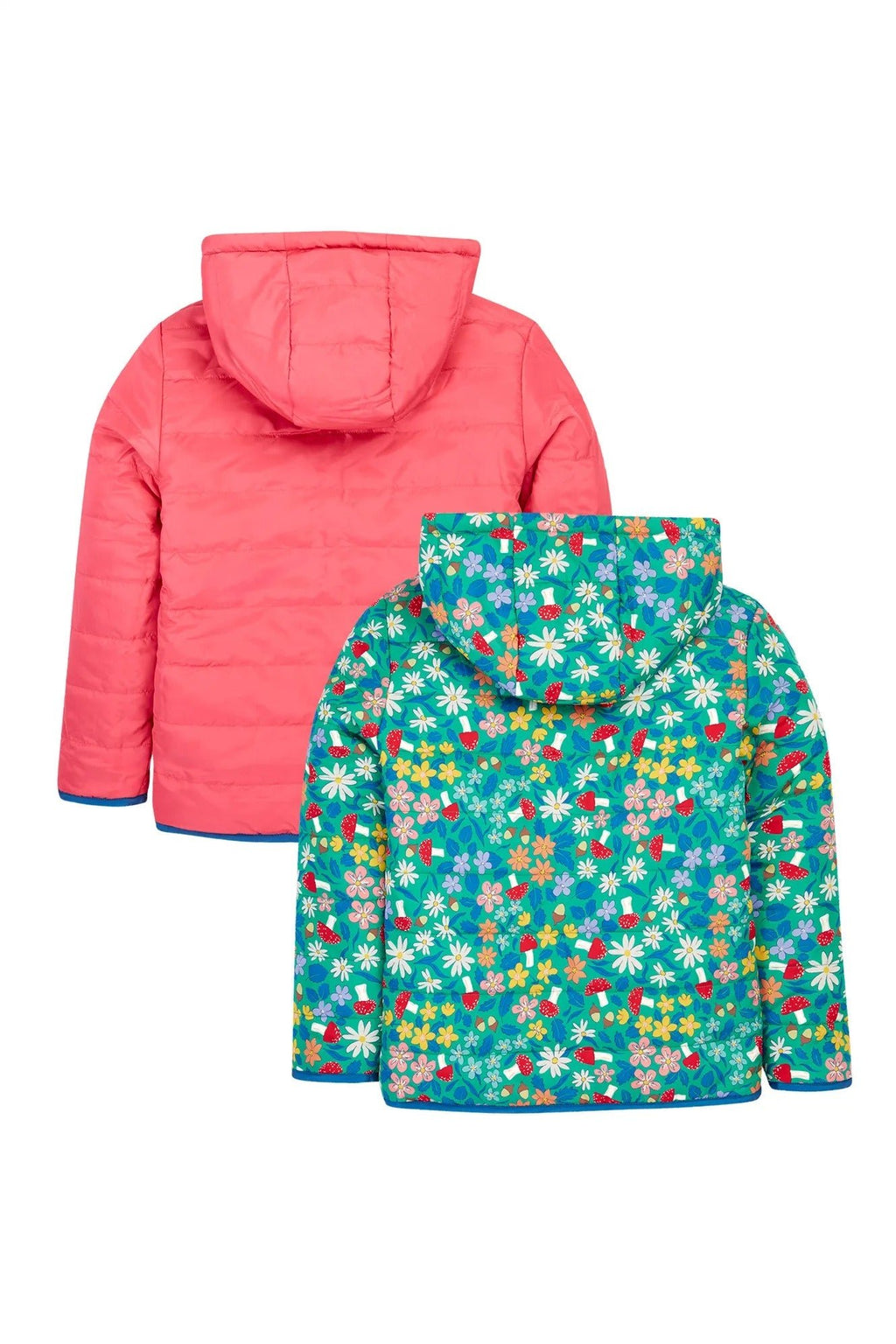 Two children's jackets, one pink and one with floral pattern, on a white background.