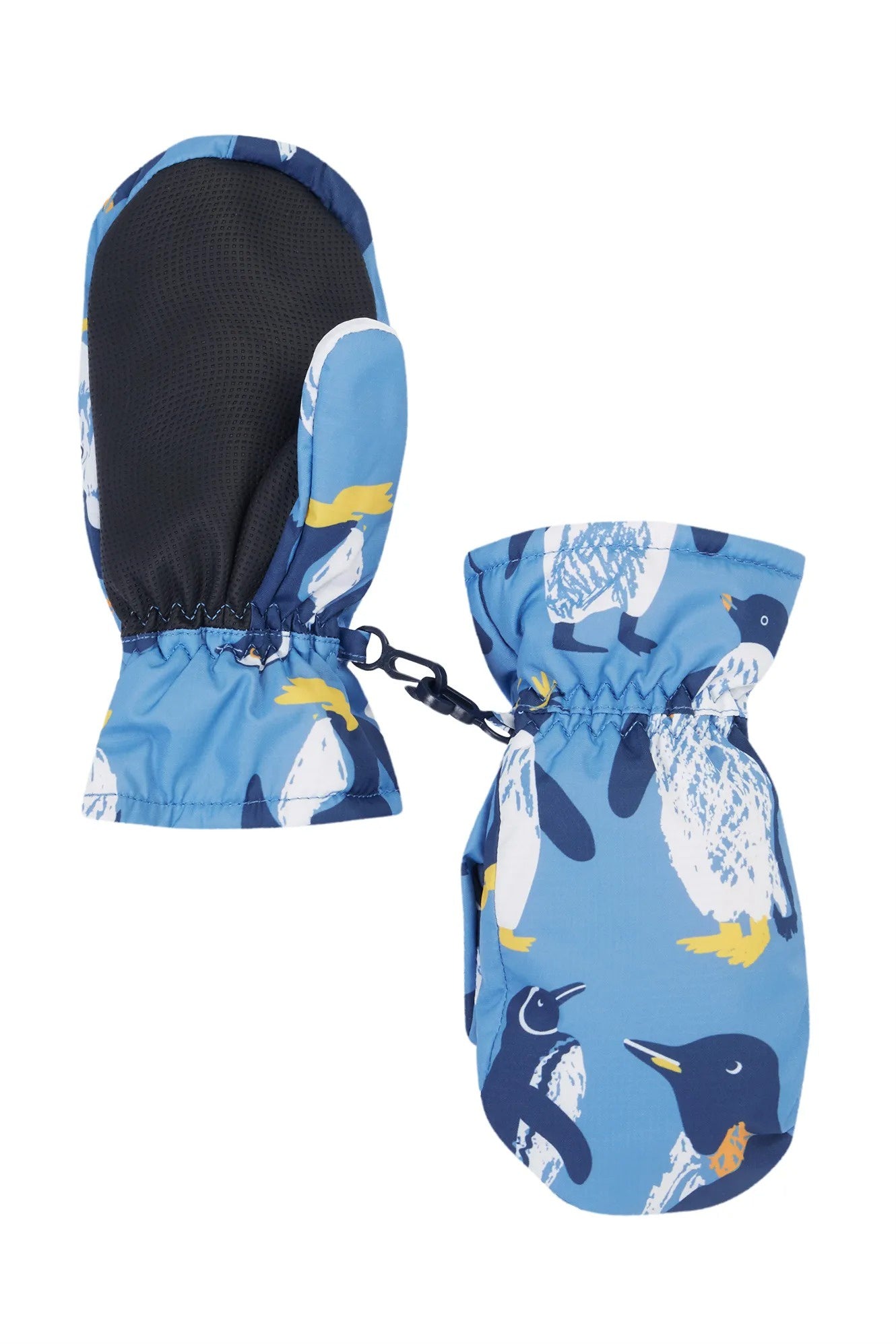 Blue mittens with penguin design on a white background