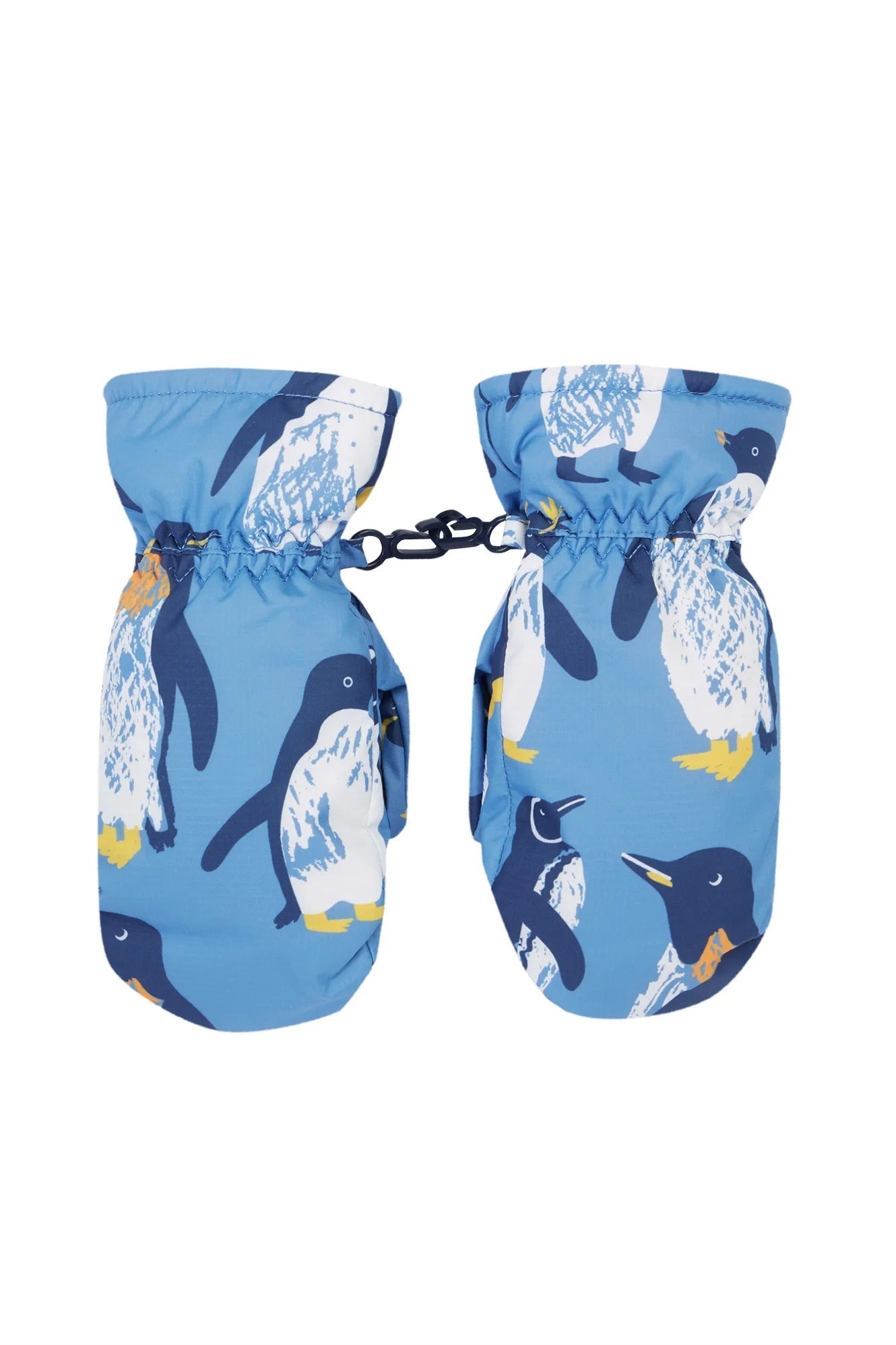 Blue mittens with penguin pattern on a white background