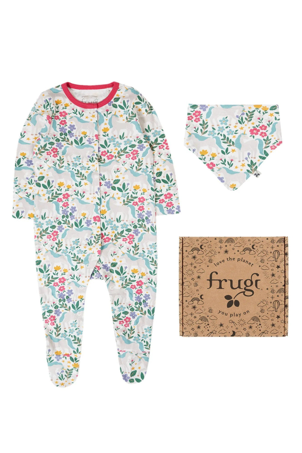 Floral baby onesie and hat set with 'frugi' branding on a white background