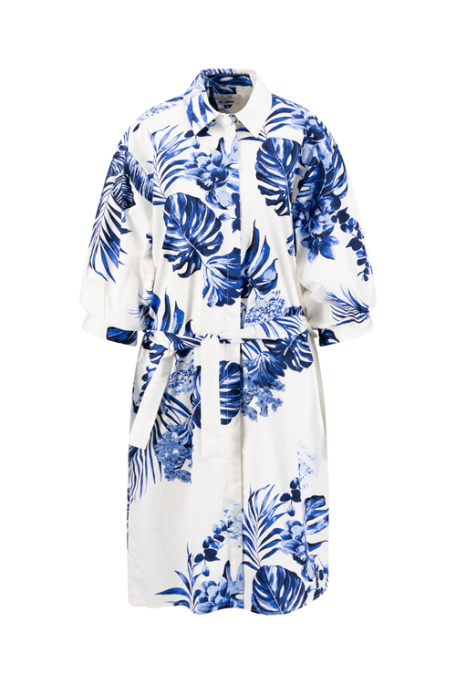 Fynch Hatton 26022274 Milk Dress Puffy Sleeves Tropics featuring blue tropical leaf print and voluminous sleeves by Fynch Hatton, shop Fynch Hatton at Dotique.
