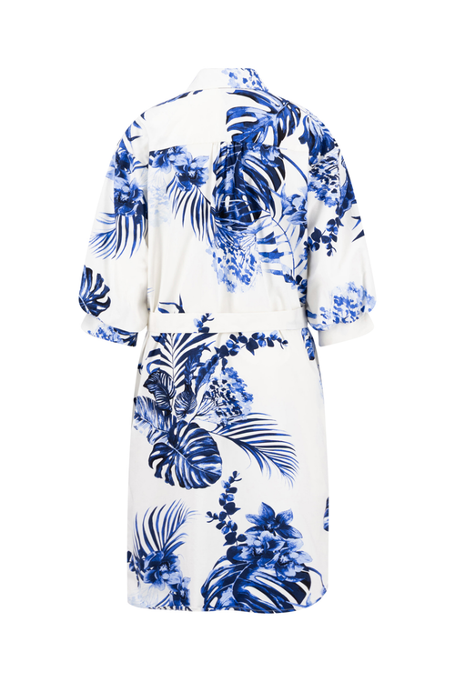 Fynch Hatton 26022274 Milk Dress Puffy Sleeves Tropics with blue tropical floral print and puffed sleeves by Fynch Hatton, shop Fynch Hatton at Dotique