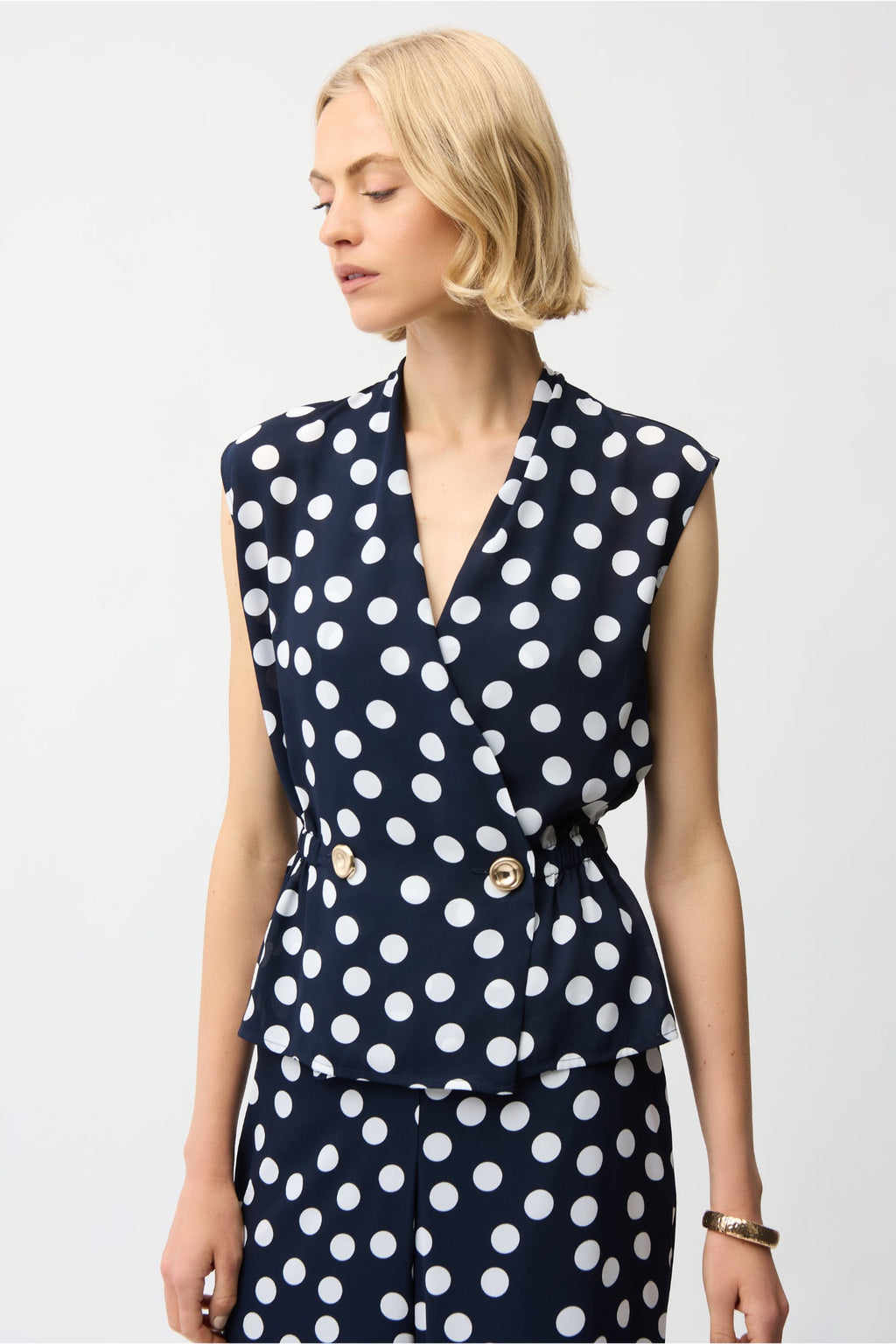 Joseph Ribkoff 261250 Georgette Dot Print Wrap Peplum Top With Gold Buttons