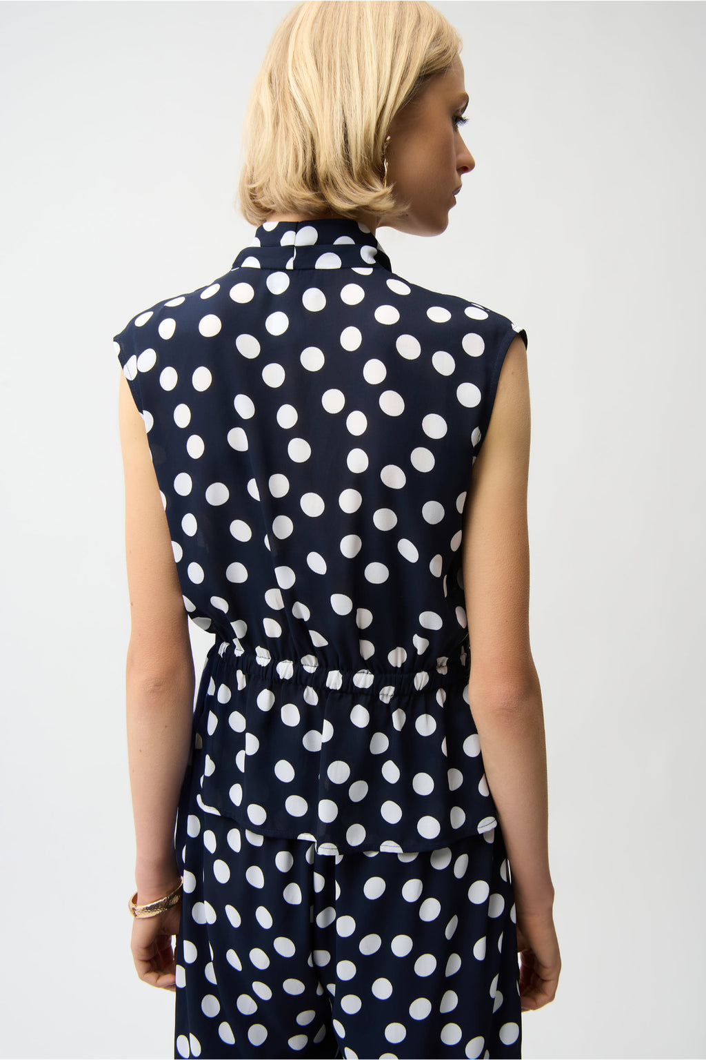 Joseph Ribkoff 261250 Georgette Dot Print Wrap Peplum Top With Gold Buttons