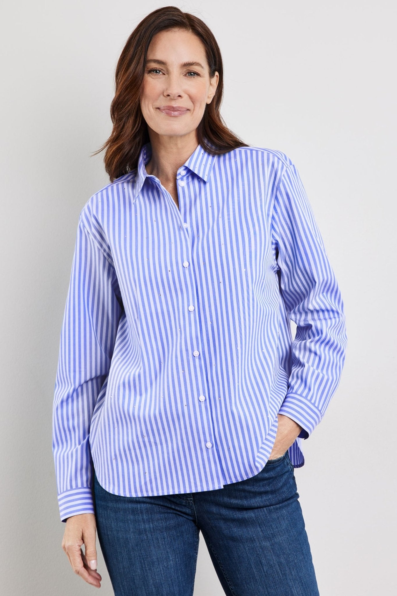 Gerry Weber 260026-66418 Blue Stripe Diamante Detail Shirt - Dotique