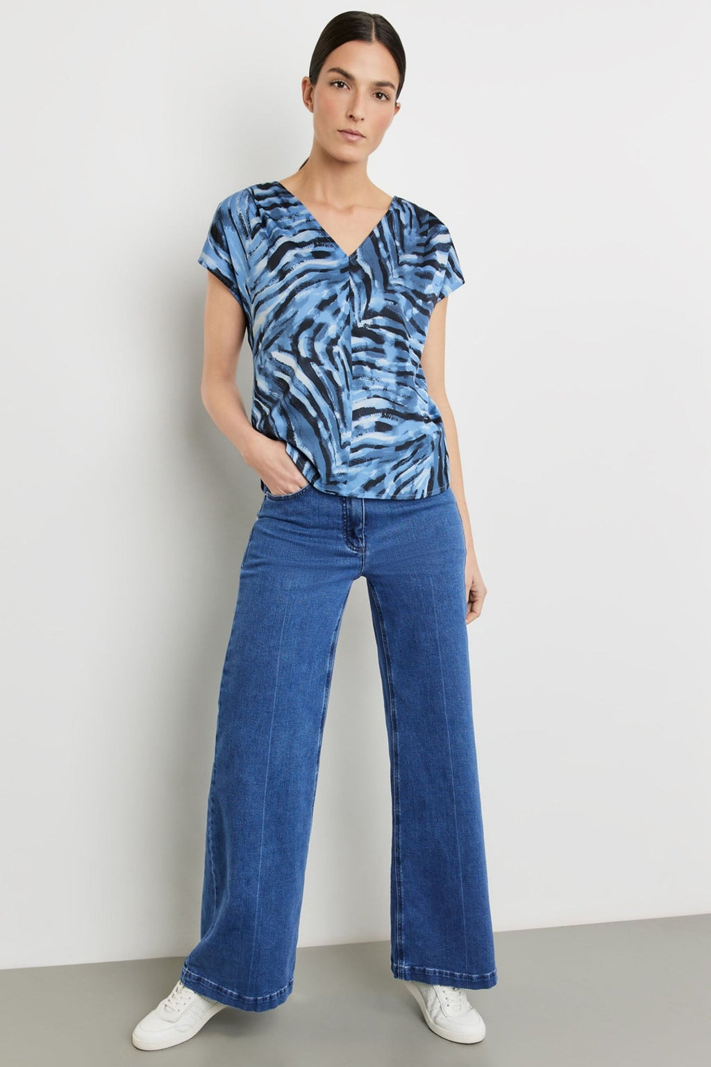 Gerry Weber 270032-44002 Blue Print V-Neck T-Shirt - Dotique