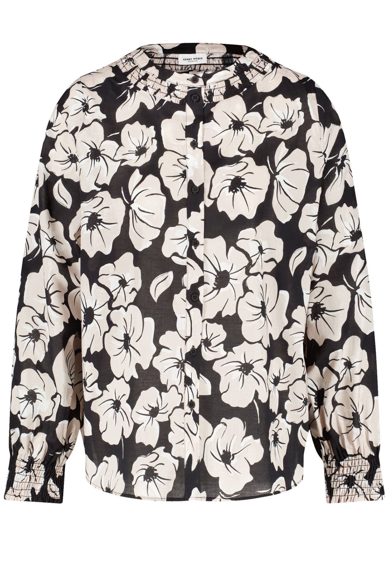 Gerry Weber 360021-31418 Black Ecru White Flower Print Round Neck Blouse - Dotique