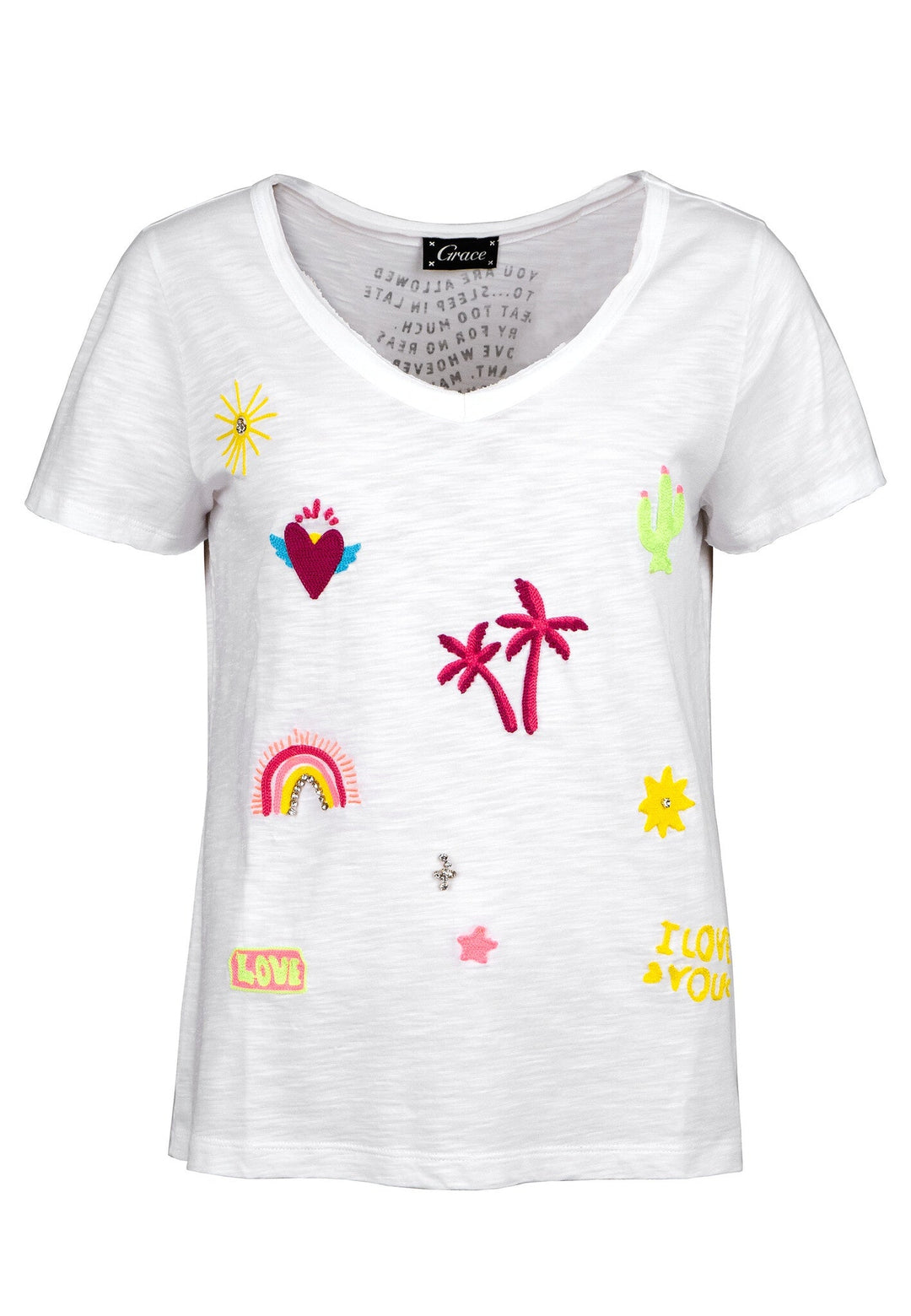 Grace 434/2201 - 100 White V Neck T-Shirt with Embellished Detail - Dotique - Grace