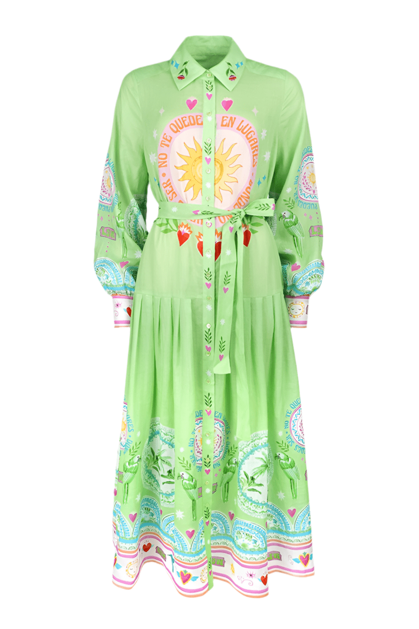Grace 434/3225 - 786 Light Green Patterned Long Sleeve Dress with Tie - Dotique - Grace