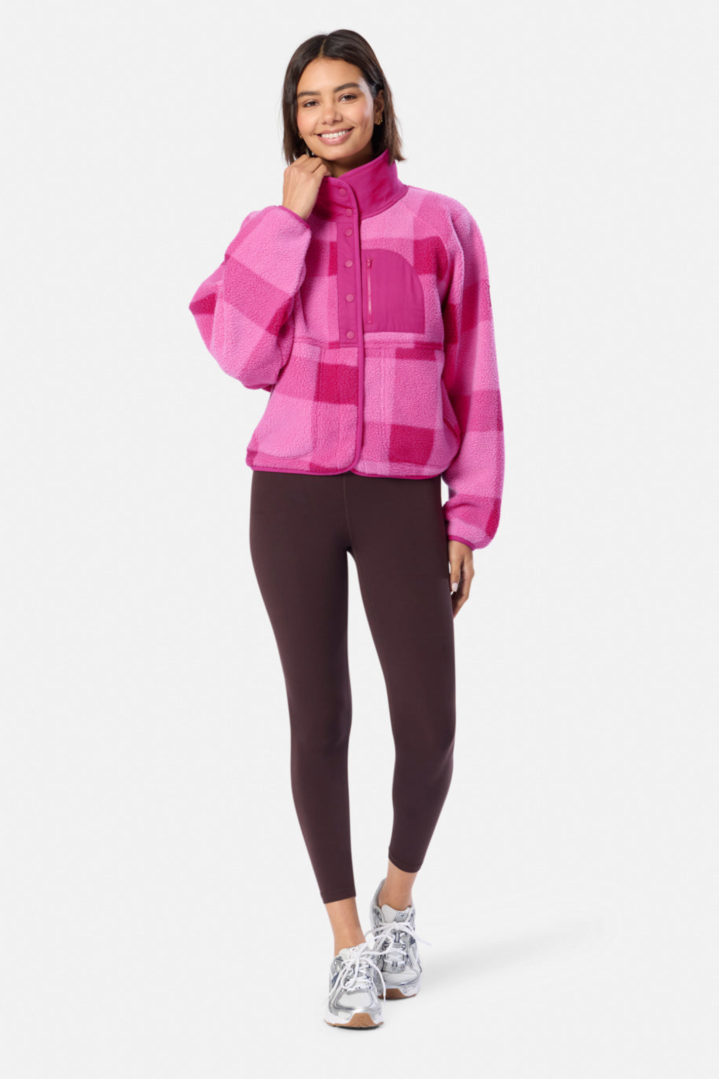 Gym+Coffee Horizon Layer Up Jacket in pink gingham print. Boxy fit, funnel neck and zip pockets. Easy everyday layer. Shop online at Dotique.