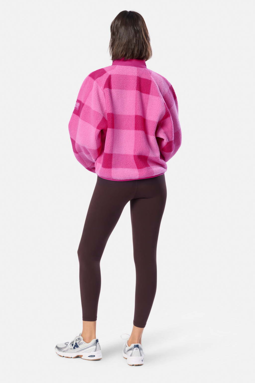 Gym+Coffee Horizon Layer Up Jacket in pink gingham print. Boxy fit, funnel neck and zip pockets. Easy everyday layer. Shop online at Dotique.