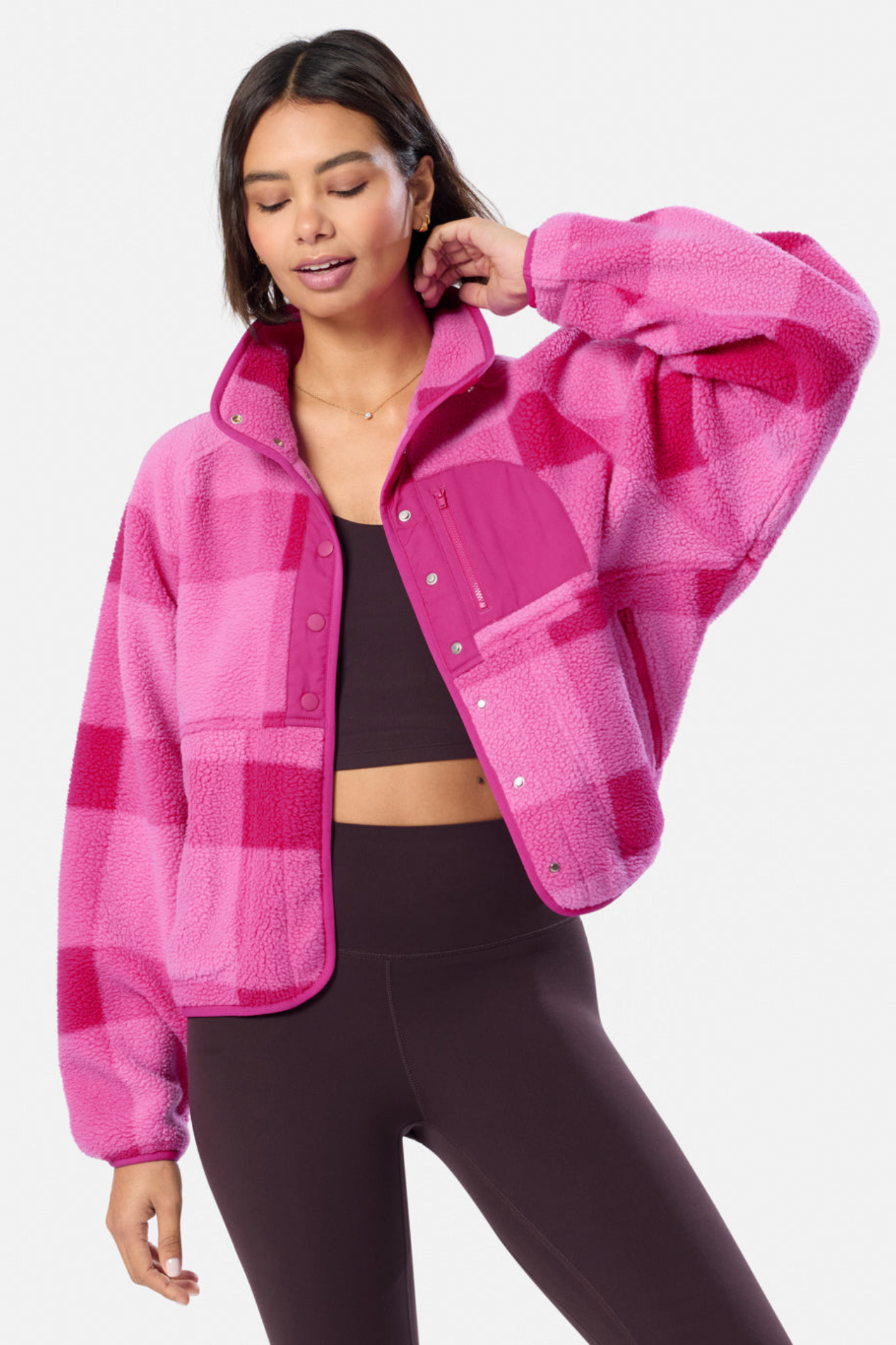 Gym+Coffee Horizon Layer Up Jacket in pink gingham print. Boxy fit, funnel neck and zip pockets. Easy everyday layer. Shop online at Dotique.