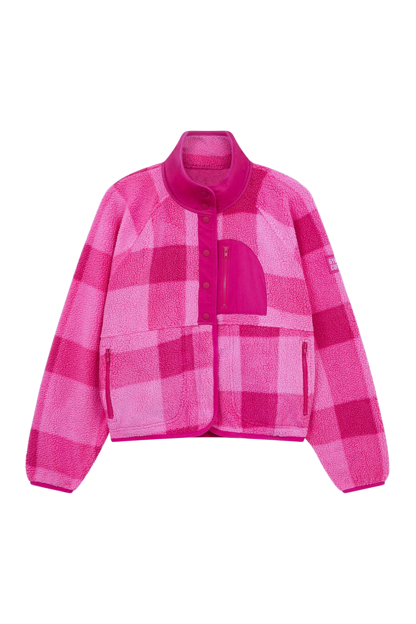 Gym+Coffee Horizon Layer Up Jacket in pink gingham print. Boxy fit, funnel neck and zip pockets. Easy everyday layer. Shop online at Dotique.