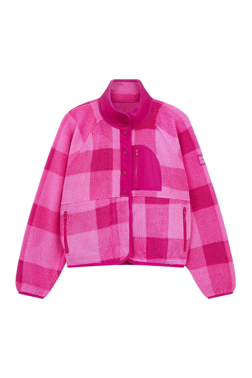 Gym+Coffee Horizon Layer Up Jacket in pink gingham print. Boxy fit, funnel neck and zip pockets. Easy everyday layer. Shop online at Dotique.