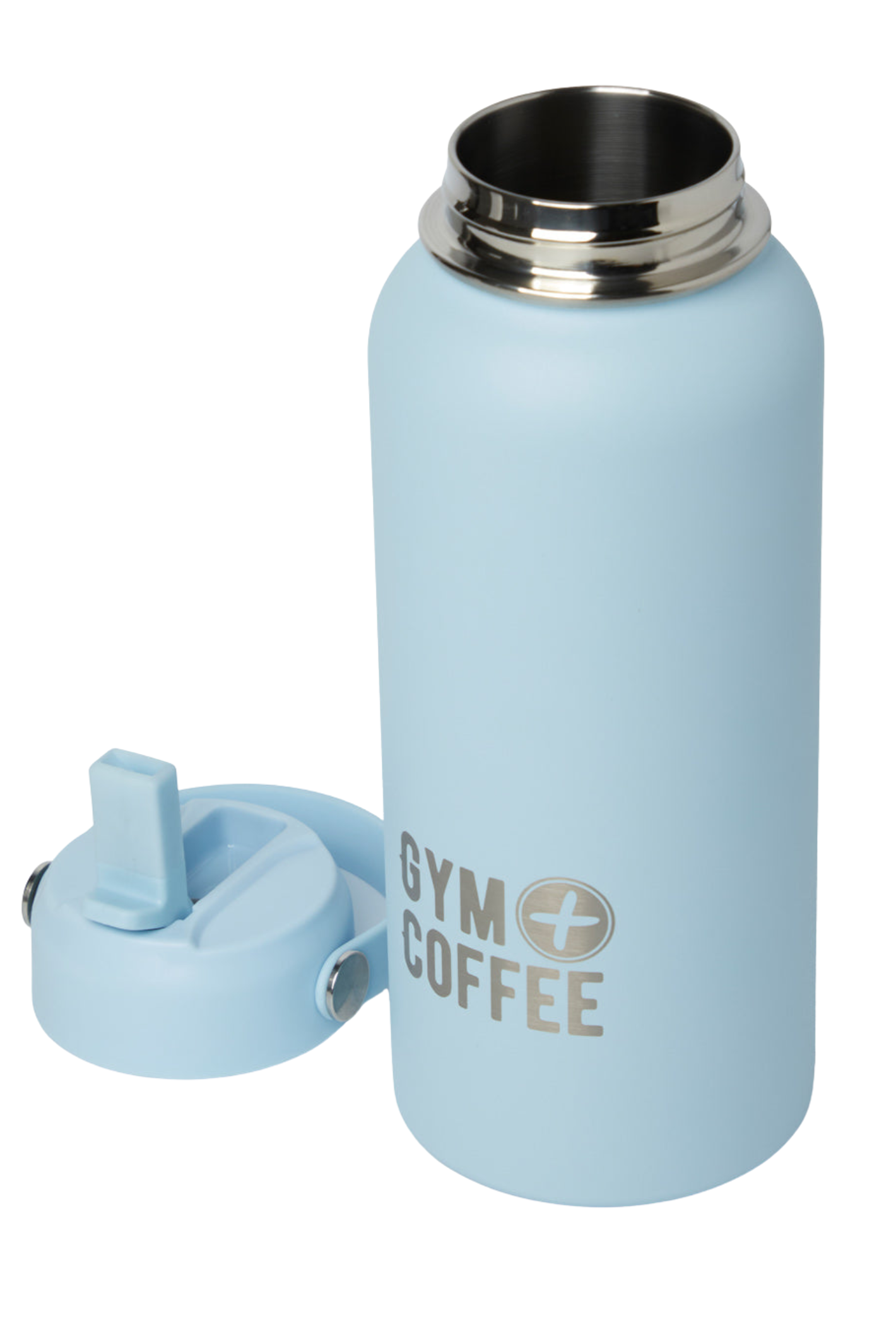Gym+Coffee 1L Hydrate Bottle in Baby Blue with open lid by Gym+Coffee available to shop at Dotique