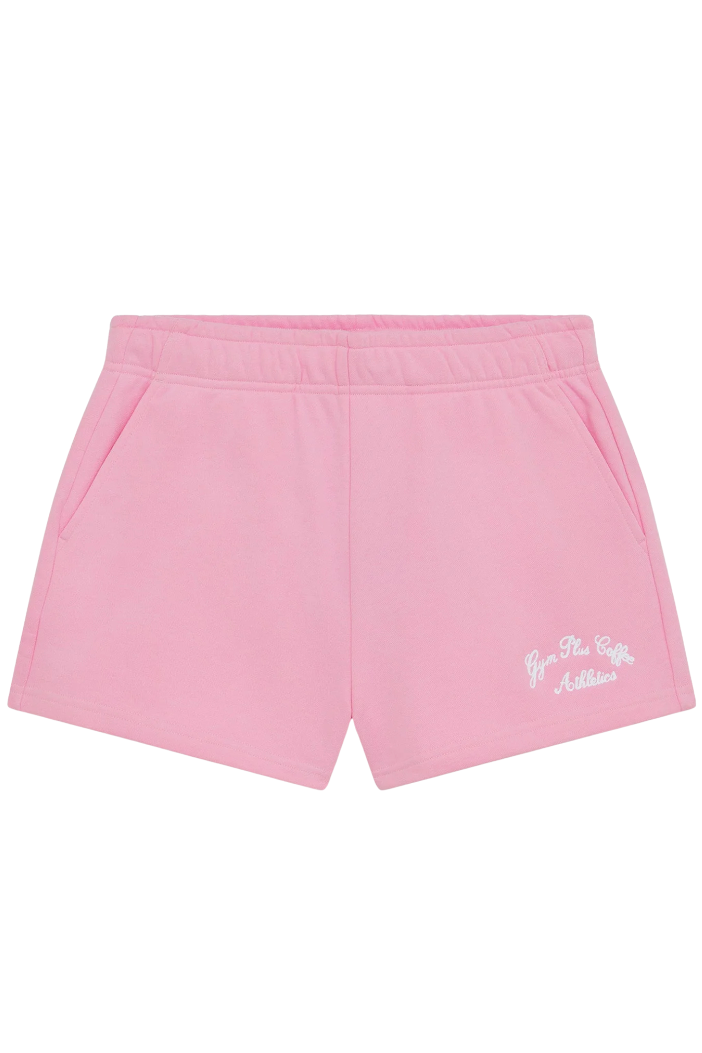 Flat lay of Gym+Coffee Daily Cotton Shorts in Pink Blossom by gym+coffee, shop gym+coffee at Dotique showcasing soft fabric and logo embroidery.