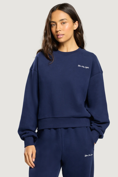Gym+Coffee Daily Crewneck Twilight Navy worn by a model Shop Gym+Coffee at Dotique