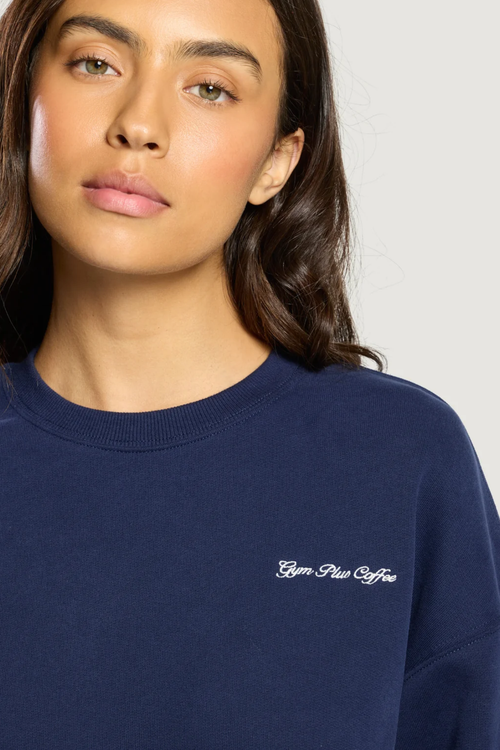 Gym+Coffee Daily Crewneck Twilight Navy by Gym+Coffee navy crewneck worn by model Shop Gym+Coffee at Dotique