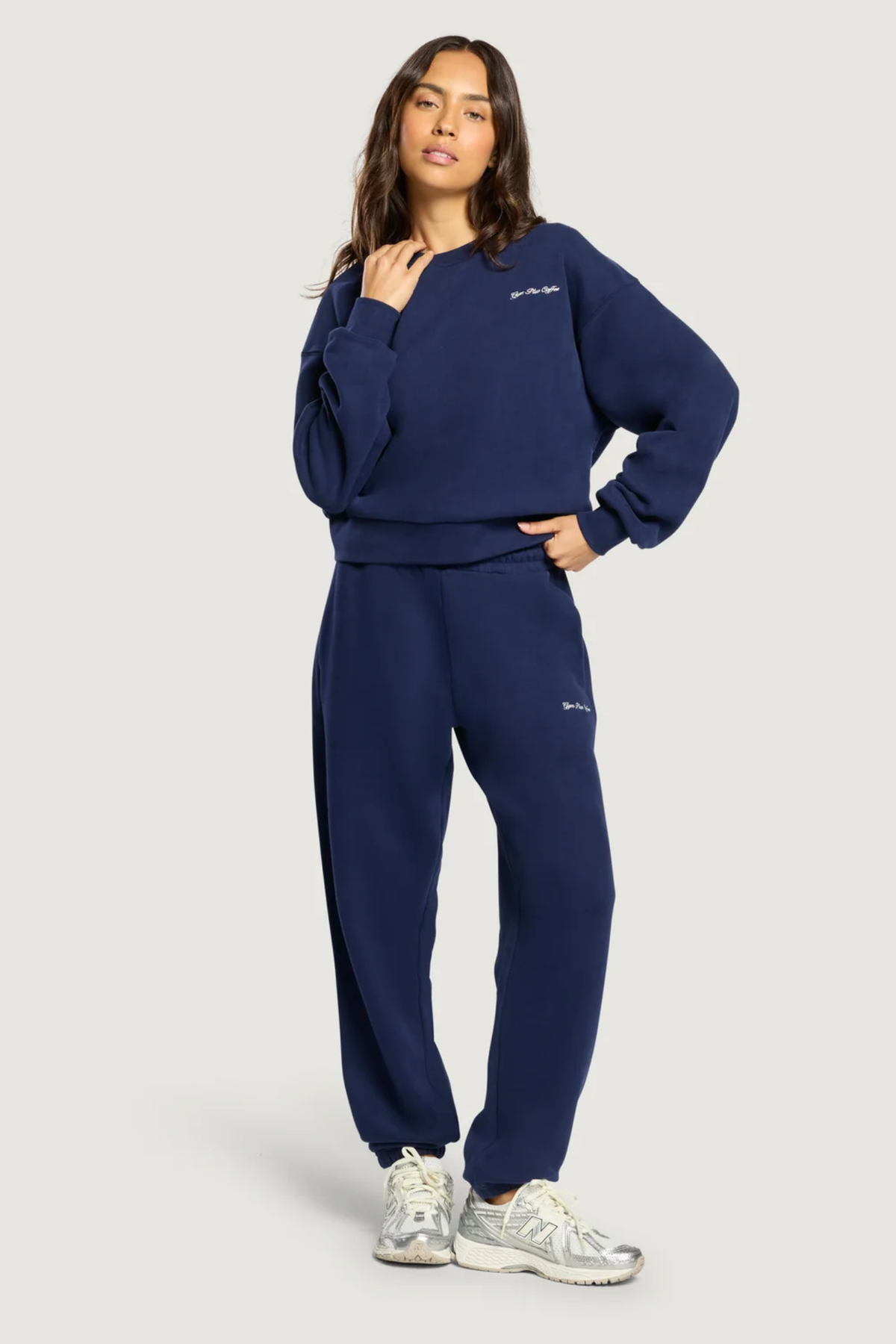 Gym+Coffee Daily Crewneck Twilight Navy worn by woman in navy outfit Gym+Coffee Shop Gym+Coffee at Dotique