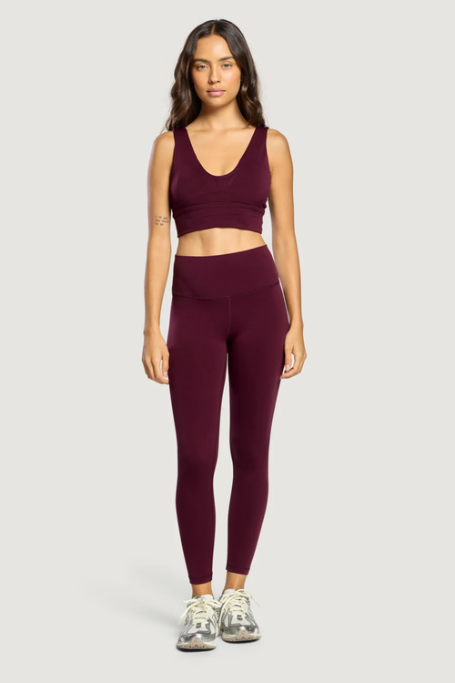 Gym+Coffee Daily Kind 7/8 Leggings Cherry Crush worn by a model Shop Gym+Coffee at Dotique
