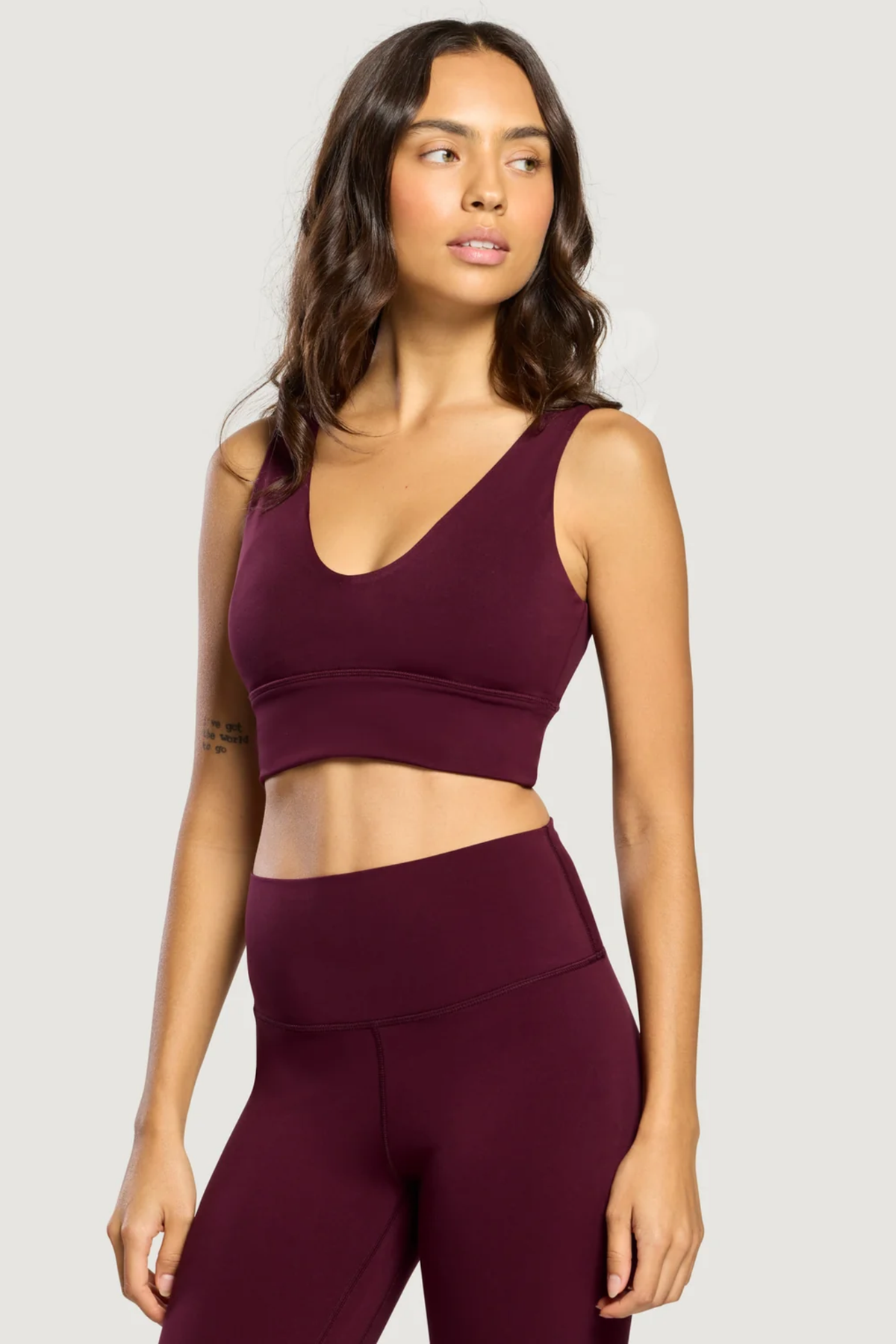 Gym+Coffee Daily Kind 7/8 Leggings Cherry Crush shown on model. Shop Gym+Coffee at Dotique.
