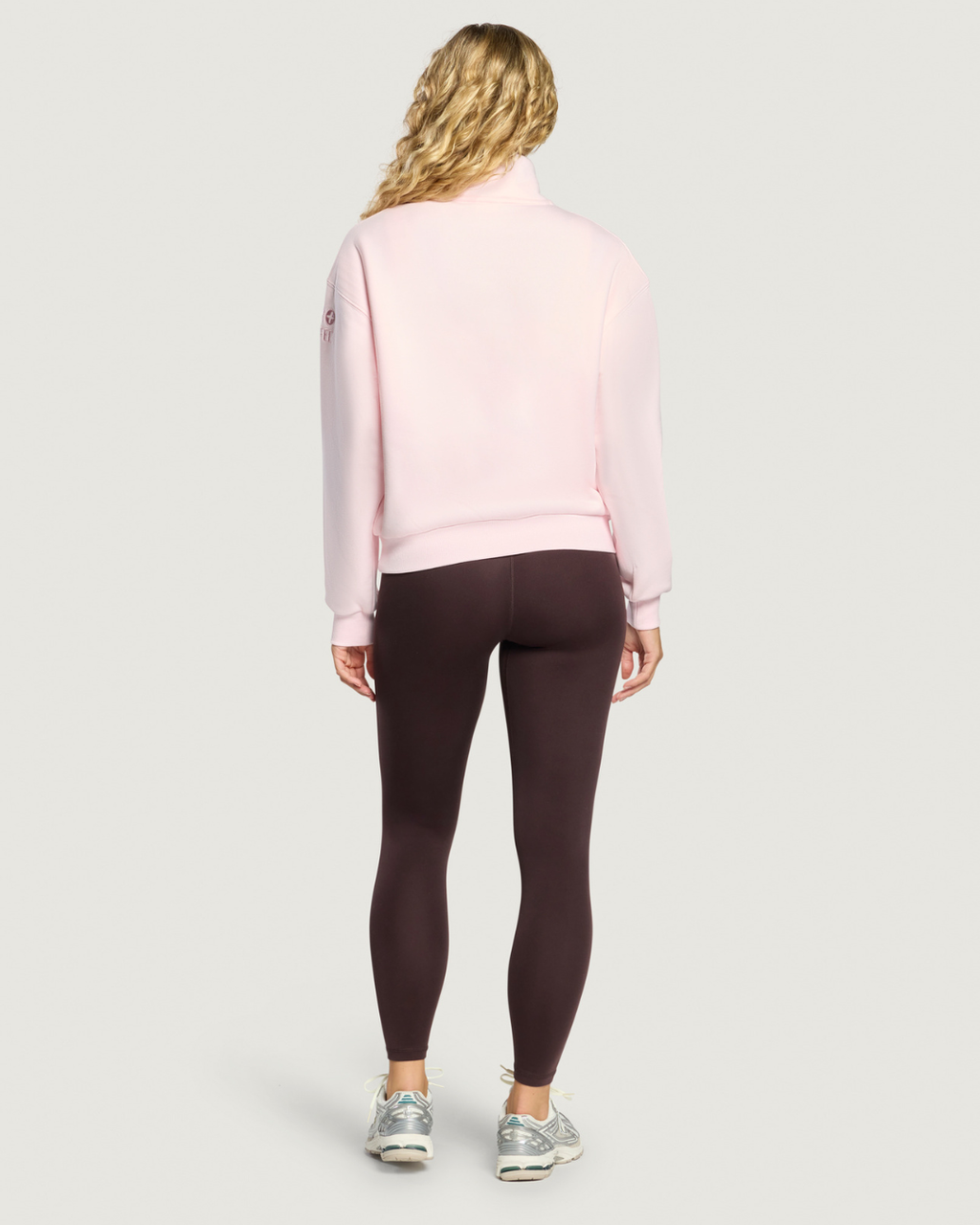 Back view of Gym+Coffee Daily Snap Collar Sierra Sweatshirt Ballet Pink by Gym+Coffee. Shop Gym+Coffee at Dotique.
