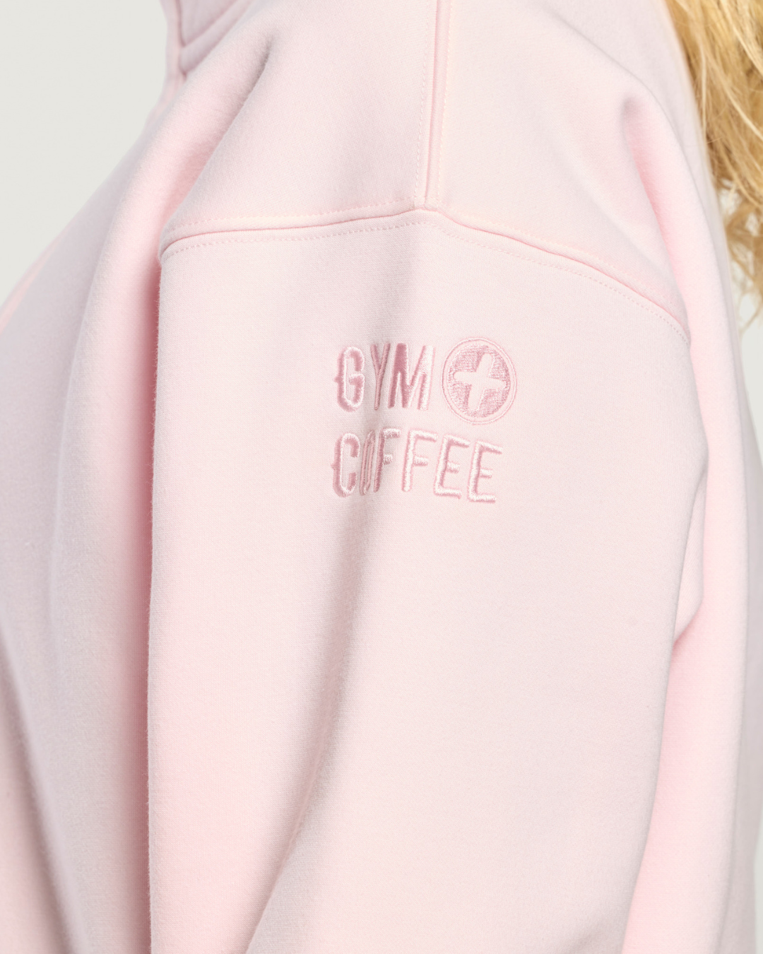 Gym+Coffee Daily Snap Collar Sierra Sweatshirt Ballet Pink with embroidered logo can shop Gym+Coffee at Dotique