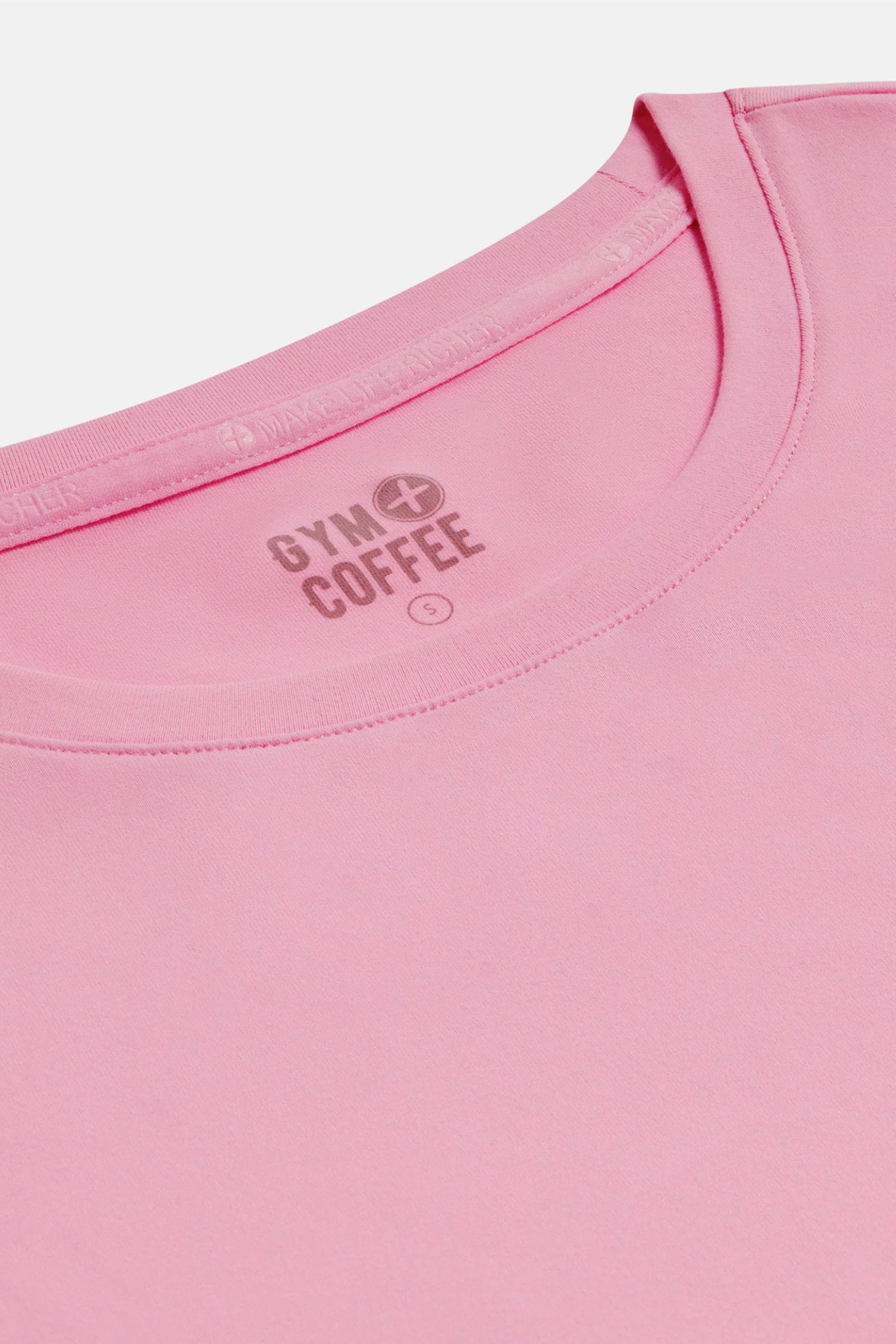 Gym+Coffee Daily Urban Tee in Pink Blossom close-up showing soft fabric and neckline, shop gym+coffee at Dotique
