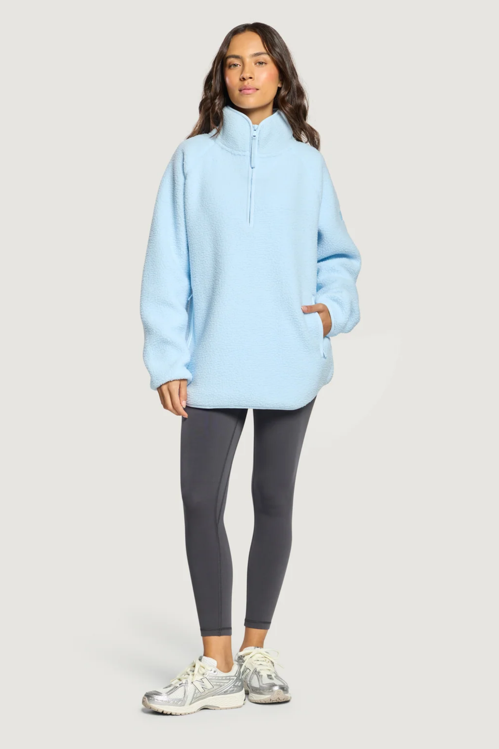 Gym+Coffee Horizon Longline Half Zip Glacial Blue by Gym+Coffee modeled in glacial blue Shop Gym+Coffee at Dotique
